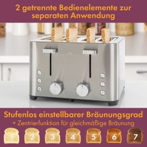 Prajitor de paine ProfiCook(r) | Prajitor de paine cu 4 felii | Carcasa din otel inoxidabil | 1500 wati | Slot larg | Atasament pentru role (detasabil) | 7 niveluri de bronzare reglabile | Sertar firimituri | Bobina de cablu | PC-TA 1252 - Img 5