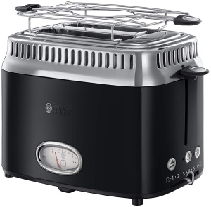Prajitor de paine Russell Hobbs [pentru 2 felii] Retro din otel inoxidabil negru (afisaj cu numaratoare inversa in design retro, inclusiv atasament pentru chifle, 6 niveluri de rumenire + functie de dezghetare si incalzire, 1300W) Vintage 21681-56 - Img 1