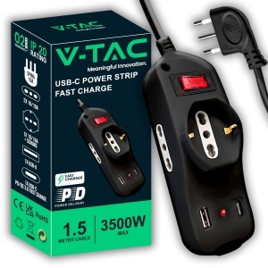 Priza Multipla V-TAC cu USB-C Power Delivery 20W, 2 Prizze 1016A, Negru