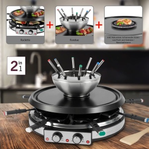 ProfiCook Combinatie de fondue de raclette pentru 8 persoane, set de gratar electric de masa 2 in 1 incl. Tigai de spatula Furculite Piatra naturala, de asemenea, fondue de branza si fondue de ciocolata, RG / FD 1245, 501245, otel inoxidabil - Img 8