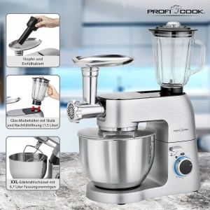 ProfiCook PC-KM 1189 Masina de Framantat 3in1 1500W Bol 67L Mixer din Sticla 15L Accesoriu pentru Carne - Img 8
