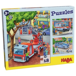 Puzzle HABA Set 3 Piese pentru Copii cu 12, 15 si 18 Piese - Tematica Politie si Pompieri