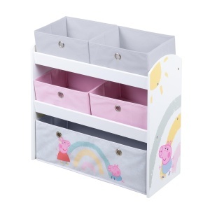 Raft de jucarii din lemn Roba Peppa Pig, 5 cutii din material textil, alb-roz, 60x63,5x30 cm
