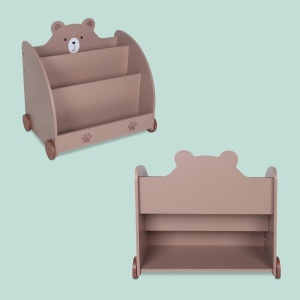Raft pentru carti copii Relaxdays, motiv urs, 58x60x40 cm, cu roti, MDF - Img 5