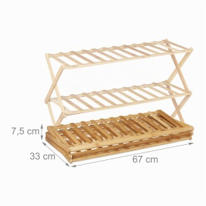 Raft pentru pantofi pliabil Relaxdays, 3 niveluri, din bambus, natural - Img 5
