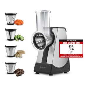 Razatoare multipla cu design electric CASO CR4, 4 insertii gravate cu acid: felii, julienne mare si mica, insertie de rasnita, 200 wati, panou de control tactil, razatoare de legume ideala pentru, de exemplu, salate - Img 1