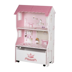 Roba Puppenhaus - Casa de Papusi cu 2 Etaje, Culoare Rosa, Include Cutie de Depozitare
