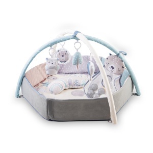 Saltea pentru bebelusi MoMi PASTEL 3-in-1 cu activitati, 5 jucarii si 20 bile