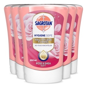 Sapun lichid antibacterian Sagrotan No-Touch cu trandafir si shea, 5 x 250 ml