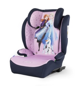 Scaun auto Disney Frozen cu atasament ISOFIX pentru siguranta fetelor de la 100 la 150 cm inaltime cu grafica cu Printesa Elsa, Anna si dragutul Olaf pe violet