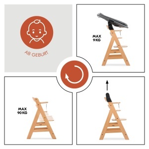 Scaun de masa pentru copii Hauck Alpha cu set pentru nou-nascuti, gri natur, din lemn - Img 4