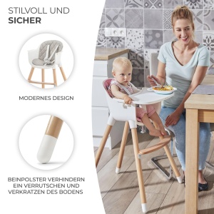 Scaun inalt Kinderkraft SIENNA 2 in 1, scaun inalt, scaun pentru copii, scaun combi, picioare din lemn, ham in 5 puncte, suport pentru picioare, tava detasabila, capace antiderapante pentru picioare, de la 6 luni la 4 ani, gri - Img 6