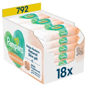 Servetele umede pentru bebelusi Pampers Harmony Protect & Care, 18 x 44 bucati care ajuta la restabilirea pH-ului natural al pielii, 792 servetele umede