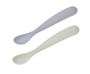 Set 2 linguri silicon Beaba pentru bebelusi varf moale maner ergonomic cu cutie de transport GriVerde