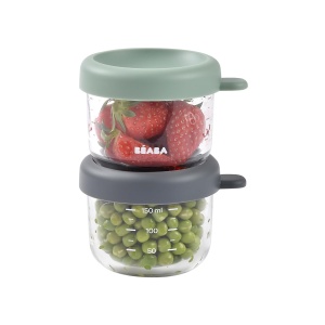 Set 2 recipiente din sticla BEABA, 150 ml, rezistente la caldura, culoare Salbeigrun