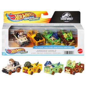 Set 4 Masini Die-Cast Hot Wheels RacerVerse Jurassic World cu Figurine