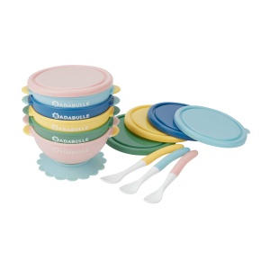 Set boluri si lingurite Badabulle Funcolor 5 boluri 330ml antiderapante cu capac ermetic