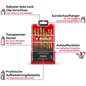 Set burghie metal Einhell 19 piese HSS-G Titan otel HSS 4341 acoperire titan varf 135deg - Img 3