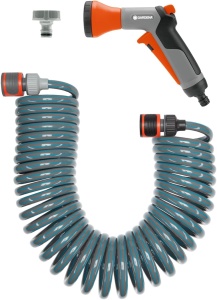 Set complet de furtun spiralat Gardena 4647-20, lungime 10m, cu pulverizator si conector