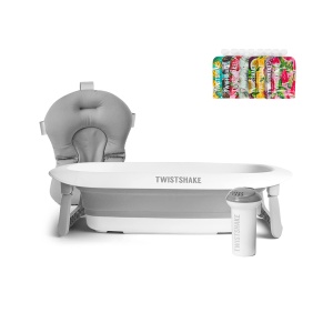 Set de baie pentru bebelusi Twistshake - Set de 4 | Cada pliabila + perna + cana de clatire + 8x pungi de stoarcere de 220ml | Accesorii pentru baie pentru bebelusi | Usor - Portabil - Usor de curatat | Design ergonomic | Fara BPA/BPS