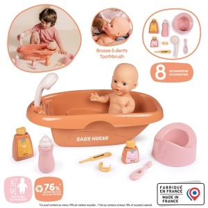 Set de baie pentru papusi Smoby Baby Nurse, 8 accesorii, din plastic reciclat - Img 2