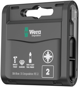 Set de biti Wera 05057763001 pentru suruburi Pozidriv, 15 piese, cu cutie