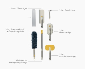 Set de curatenie Joseph Joseph CleanTech, 5 unelte multifunctionale, maner telescopic - Img 3