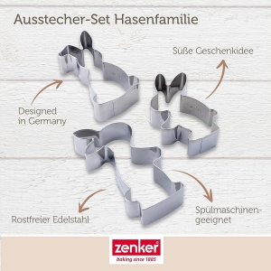 Set de forme de taiere pentru fursecuri Zenker Hasenfamilie, 3 piese, otel inoxidabil, spalabil in masina de spalat vase - Img 3