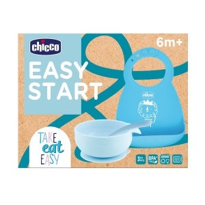 Set de hranire pentru bebelusi Chicco, 3 piese, silicon, albastru, BPA free