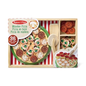 Set de joaca Melissa & Doug Wooden Pizza Party pentru copii, peste 50 de toppinguri, cu taietor de pizza, farfurie pentru pizza, spatula din lemn si cutie din lemn - Img 3