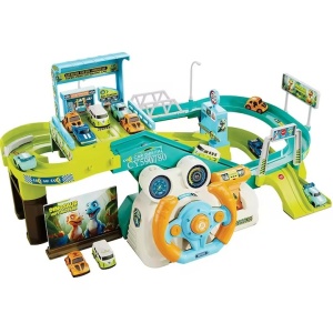 Set de Joaca Pista si Parcare cu 4 Masini DinoTrack Volan Functional cu Lumini si Sunete