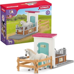 Set de joaca Schleich - Boxa pentru cai cu 21 de piese, inclusiv cal English Thoroughbred