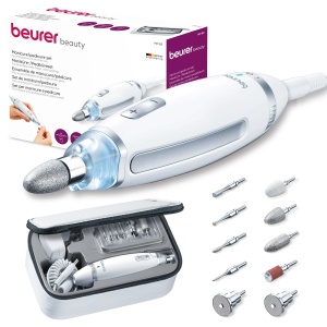 Set de manichiura / pedichiura Beurer MP 62, pila de unghii electrica cu 10 accesorii de ingrijire a unghiilor de inalta calitate, lumina LED, taietor de unghii cu control continuu al vitezei, cu geanta de depozitare, alb