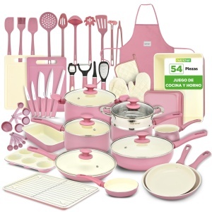 Set de Oale si Tigai NutriChef 54 Piese Antiaderent Roz Inclusiv Utensile de Bucatarie