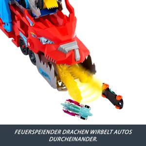 Set de Pista Auto Hot Wheels City JKJ79, Drachentransporter 2-in-1, 2 Masini Incluse - Img 3