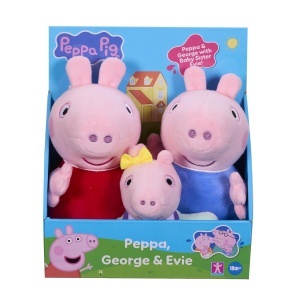 Set de Plush Peppa Pig 3 piese Peppa, Schorsch si Baby Evie super moale, pentru copii