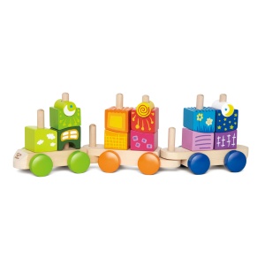 Set de trenulete Hape E0417 cu blocuri colorate din lemn 17 piese