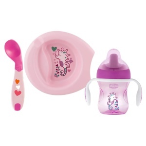 Set de vesela pentru bebelusi Chicco 6 luni farfurie termica cana anti-picurare lingurita ergonomica