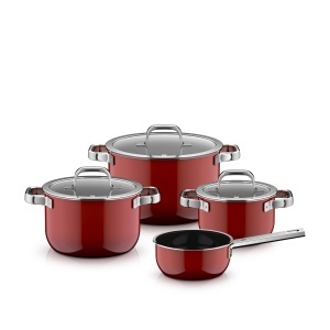 Set oale si cratite WMF Fusiontec Mineral Pro, 4 piese, rezistent la zgarieturi, compatibil inductie, Passion Red
