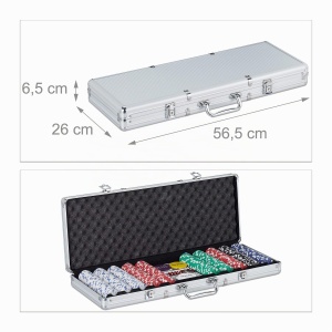 Set Poker Relaxdays cu 500 Fise, 2 Deck-uri Carti, 5 Zaruri, Aluminium - Img 3