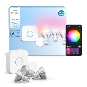 Set Start Philips Hue Essential Bridge 3 Becuri LED GU10 Smart, Alb si Culoare
