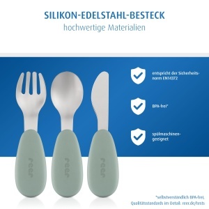 Set tacamuri copii Reer 3 piese inox si silicon design ergonomic verdeargintiu - Img 3
