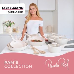 Set tigai Fackelmann x Pamela Reif 3 piese O 20-24-28 cm aluminiu reciclat bej pastel acoperire ceramica fara PFAS - Img 9