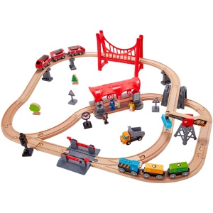 Set tren din lemn Hape Verkehrsreiche Stadt cu accesorii si figurine pentru copii 3