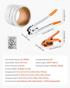 Set Umreifare VEVOR 4 piese, Dispozitiv manual, Banda PET 100 m, 100 clipsuri metalice - Img 7