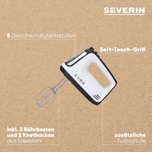SEVERIN Mixer de mana, mixer de mana cu 5 setari de viteza, mixer de mana practic cu 2 teluri din otel inoxidabil si carlige de aluat, 400 W, alb-negru / otel inoxidabil, HM 3830 - Img 4