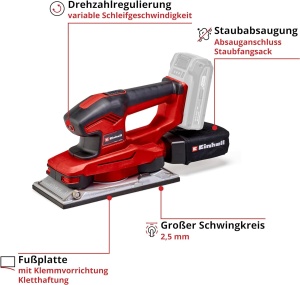 Slefuitor orbital cu acumulator Einhell TE-OS 18/230 Li Solo (electronica de viteza, micro velcro, placa de picior din aluminiu, sac de colectare a prafului, incl. 3x smirghel, fara baterie si incarcator) - Img 5
