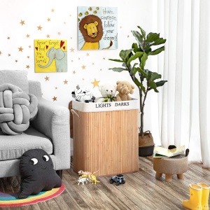 SONGMICS Cos de rufe din bambus sortator de rufe de 100 L cu 2 compartimente cos de rufe pliabil cu sac de rufe detasabil Cutie de rufe dreptunghiular - Img 3