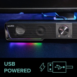 Speedlink Gravity RGB Stereo Soundbar - difuzor PC cu conexiune Bluetooth pentru smartphone/tableta si mufa de 3,5 mm, iluminare RGB, conexiune casti si microfon, negru - Img 7