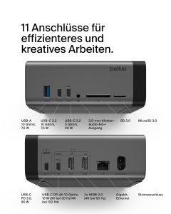 Statia de andocare Belkin USB-C 11-in-1 Pro GaN, 150 W, suport pentru 3 monitoare - Img 2